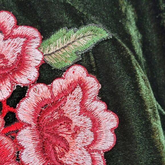 BP Hunter Green Velvet and Red Floral Bomber Jacket, Sz XS - Picture 4 of 6